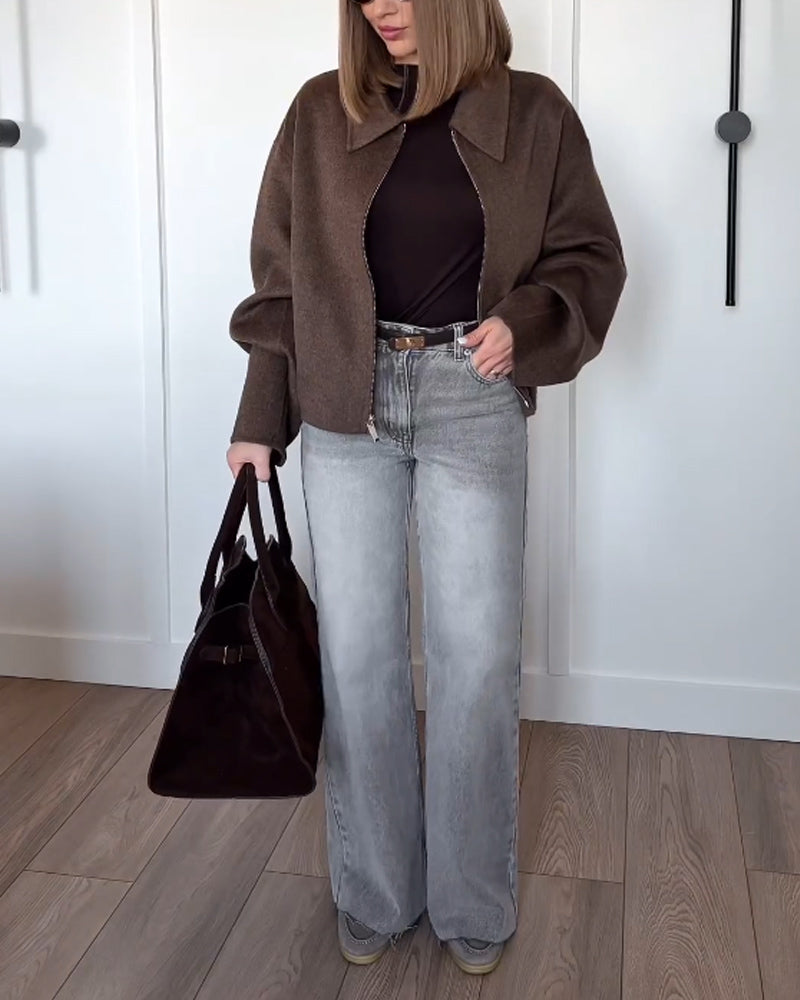 Luxuriöse Damenjacke mit Reißverschluss und übergroßen Ärmeln