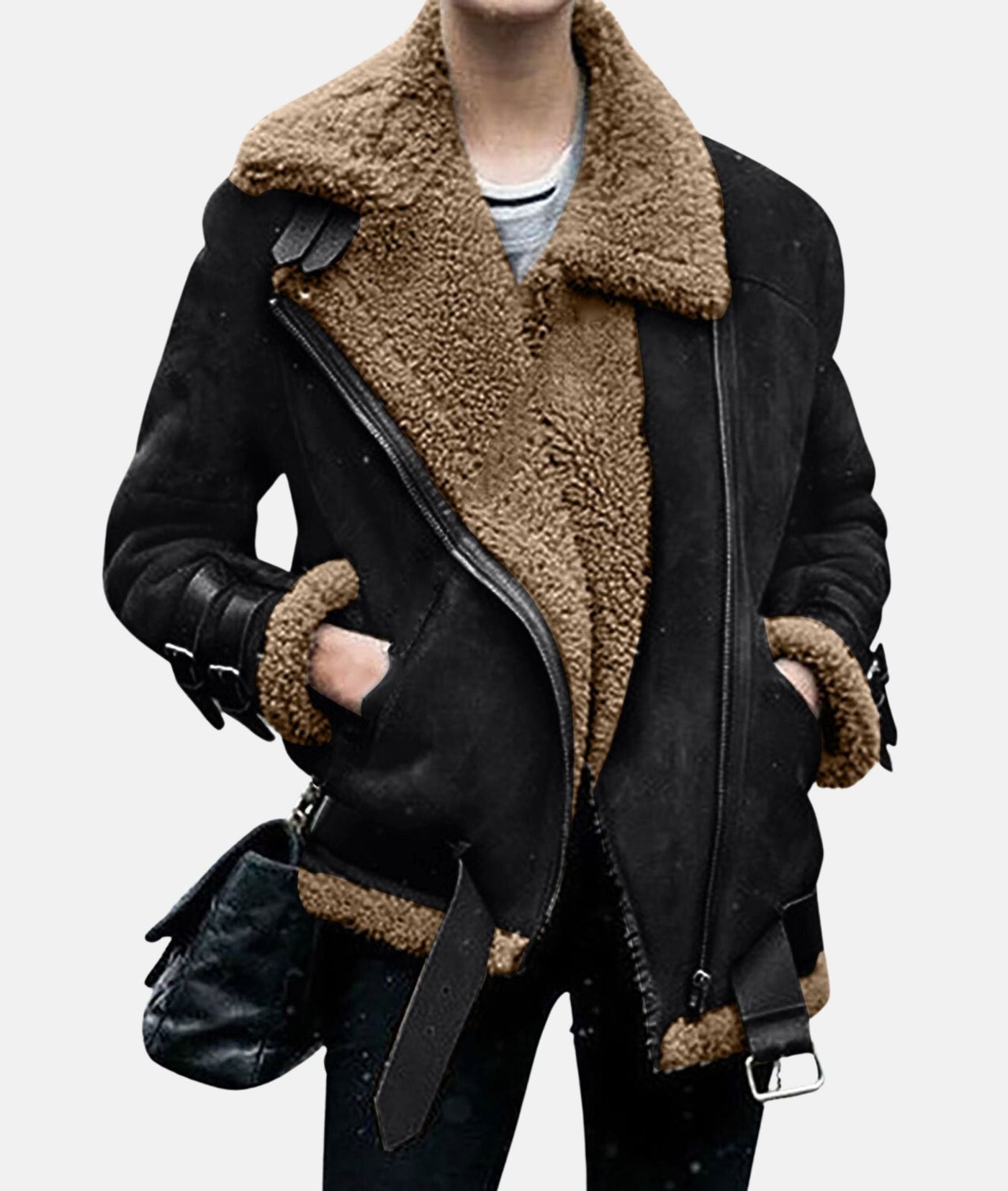 Fleece-gefütterte Wildlederjacke mit Gürtel für Frauen