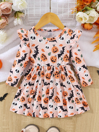 Halloween Baby Mädchen Kleid mit Faltendetails und Kürbis-Print