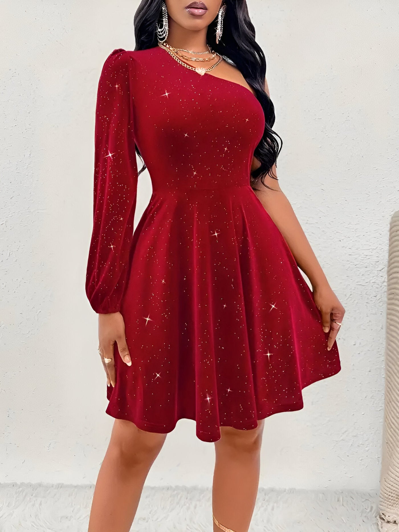 Maja | Elegantes One-Shoulder Ruffle Hem Kleid