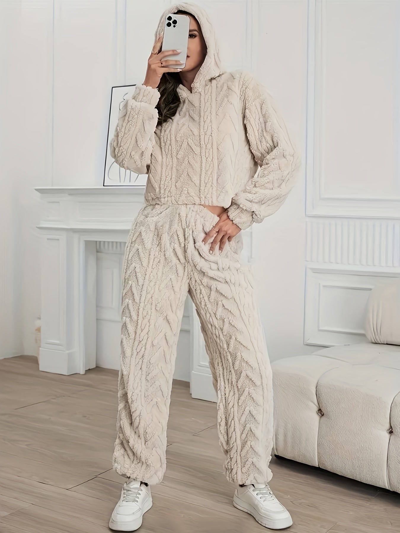 Damen Elegantes Langarm-Fleece Hoodie Set