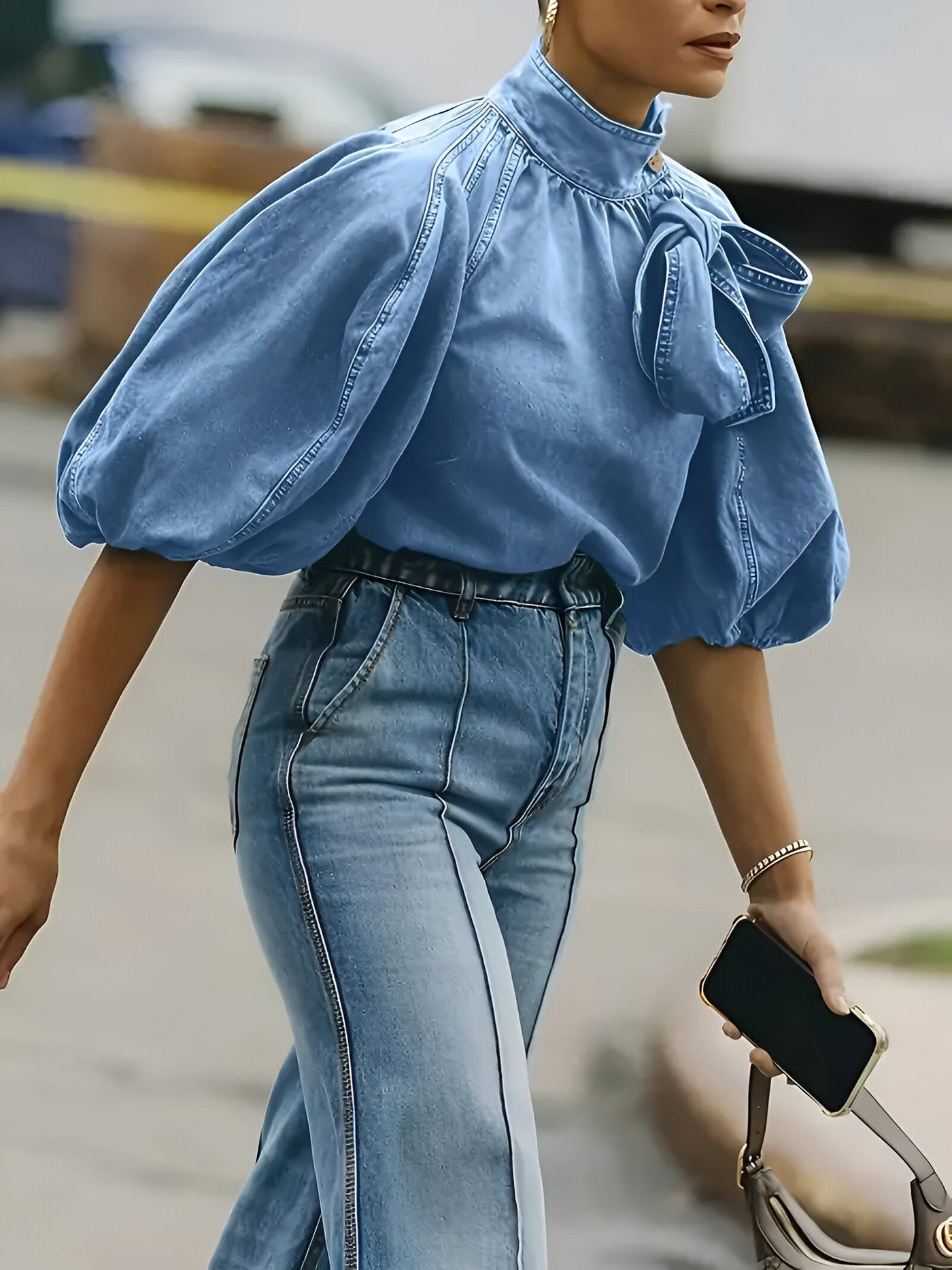 Loralye | Elegante Denim-Bluse mit Schleifenfront