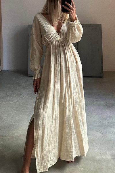 Sonia® | Lässiges Kleid aus Baumwolle und Leinen mit V-Ausschnitt und Schlitz