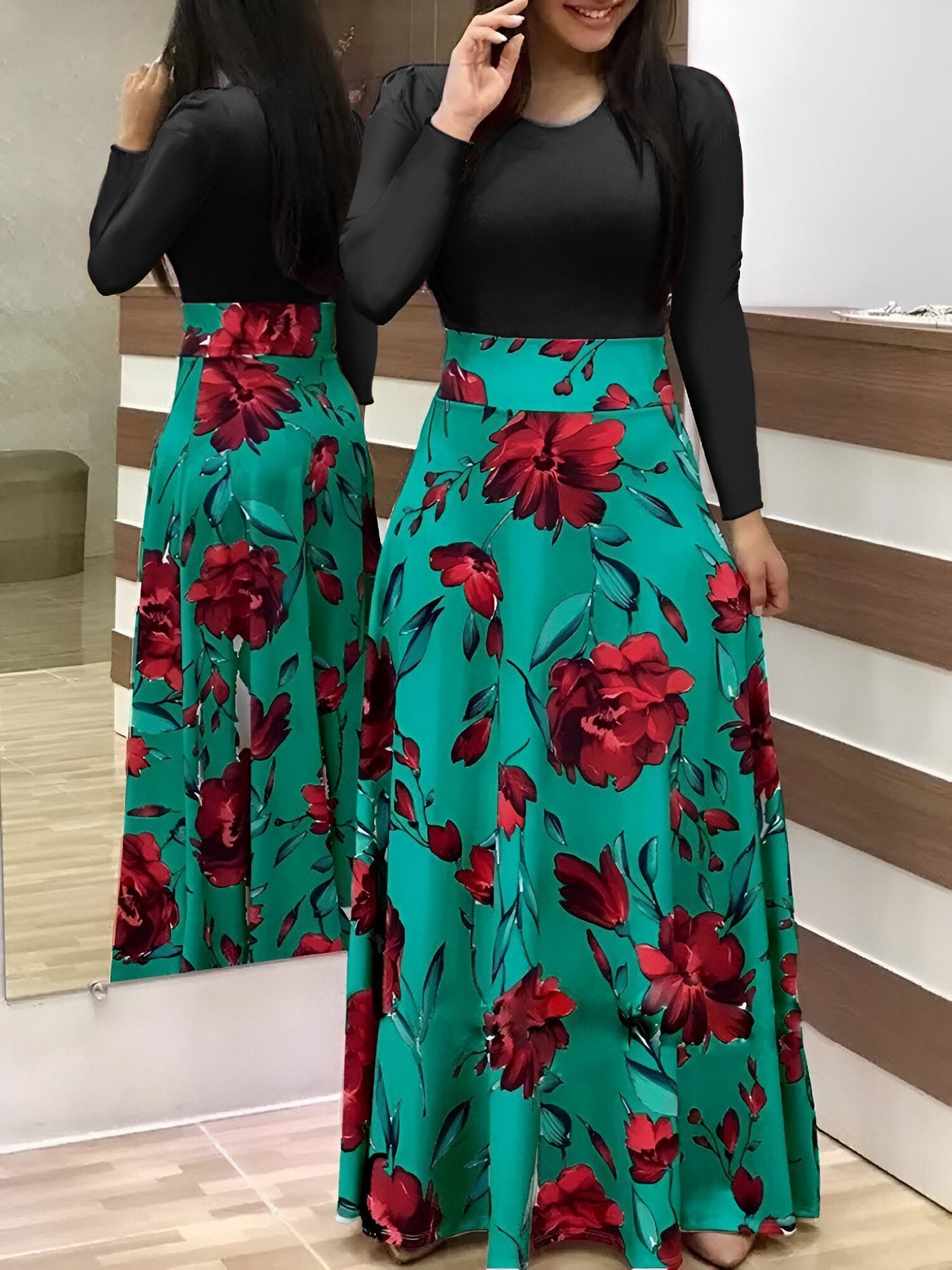 Liza | Elegantes Blumen Color-Block Kleid