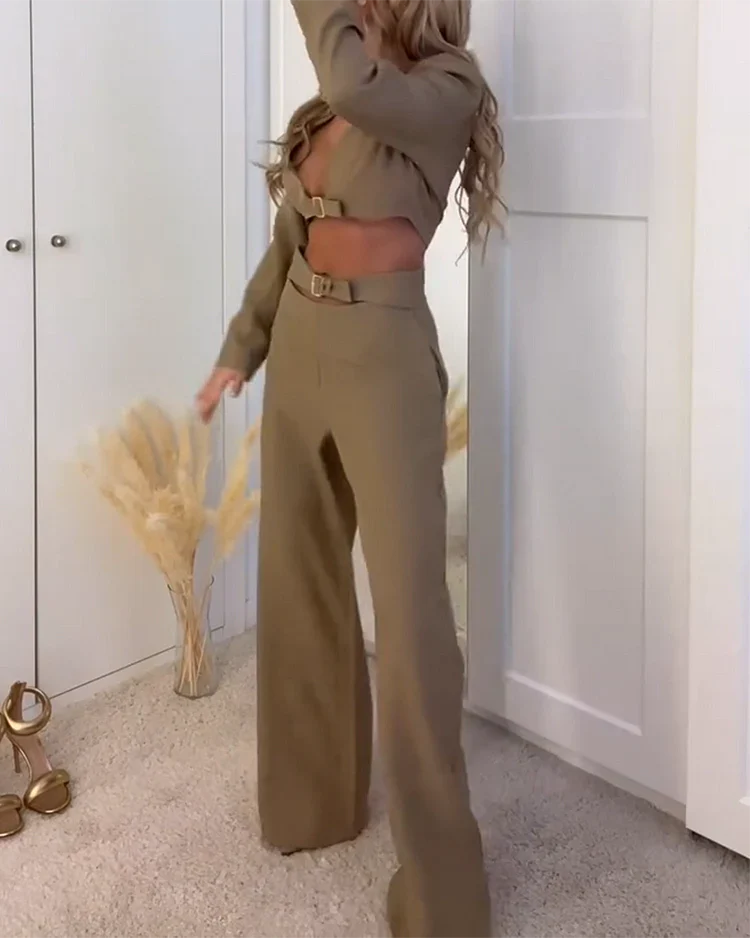 V-Ausschnitt Langarm-Oberteil und Hose Zweiteiliges Set - Loana