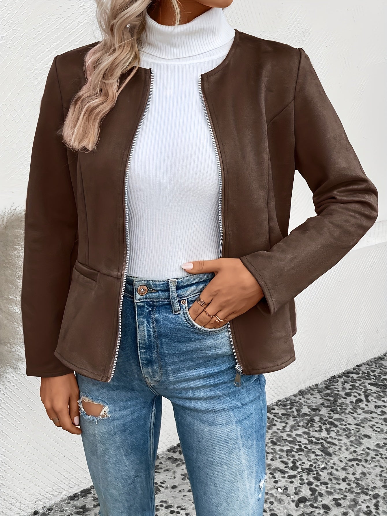 Braune Langarm Zip-Up Jacke - Emma