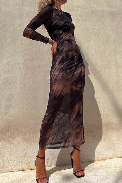 Taylor® | Charm Lady Mesh Overlay Tie Dye Print Langarm gerafftes Stretch-Midikleid