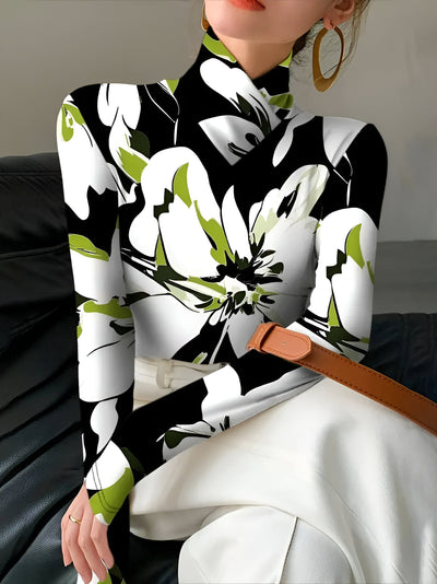 Risa | Sexy Floral Print High Neck Turtleneck Langarm T-Shirt
