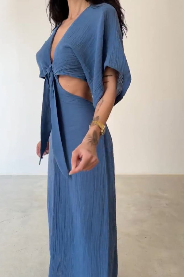 Elda® | Kleid aus Baumwolle und Leinen mit Schnürung und freiliegender Taille