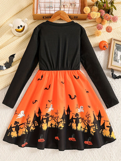 Mädchen Stilvolles Halloween-Kleid mit Cartoon-Geisterhaus