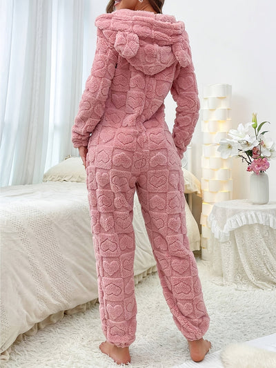 Herz Jacquard Flauschiger Kapuzen-Nacht-Jumpsuit