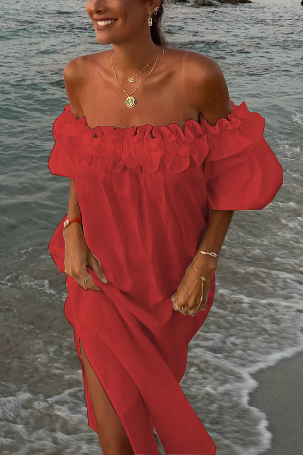 Jacinta® | Schulterfreies Midikleid aus Leinenmischung mit Rüschen, Puffärmeln und Taschen