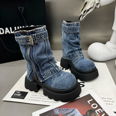 Mechthilde | Trendige Cowboy-inspirierte Mid-Calf Stiefel mit Plattformabsatz