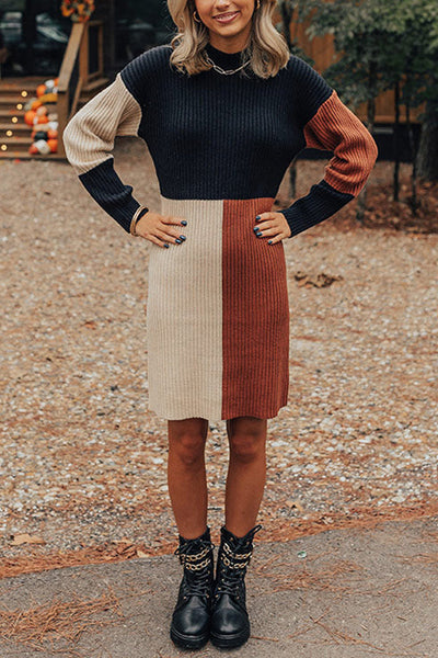 Marcella® | Winter-Latte-Strick-Pullover-Minikleid mit Stehkragen und Farbblockmuster