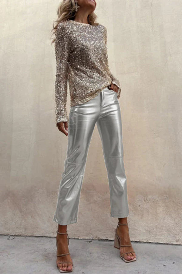 Alexandra® | Gerade Hose aus Metallic-Kunstleder von Sinclair mit hohem Bund und Taschen