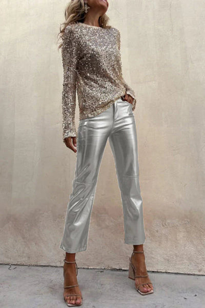 Alexandra® | Gerade Hose aus Metallic-Kunstleder von Sinclair mit hohem Bund und Taschen