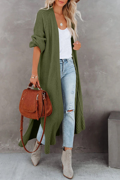 Marla® | Pickle Green Duster-Cardigan mit Zopfmuster und seitlichen Schlitzen und offener Vorderseite