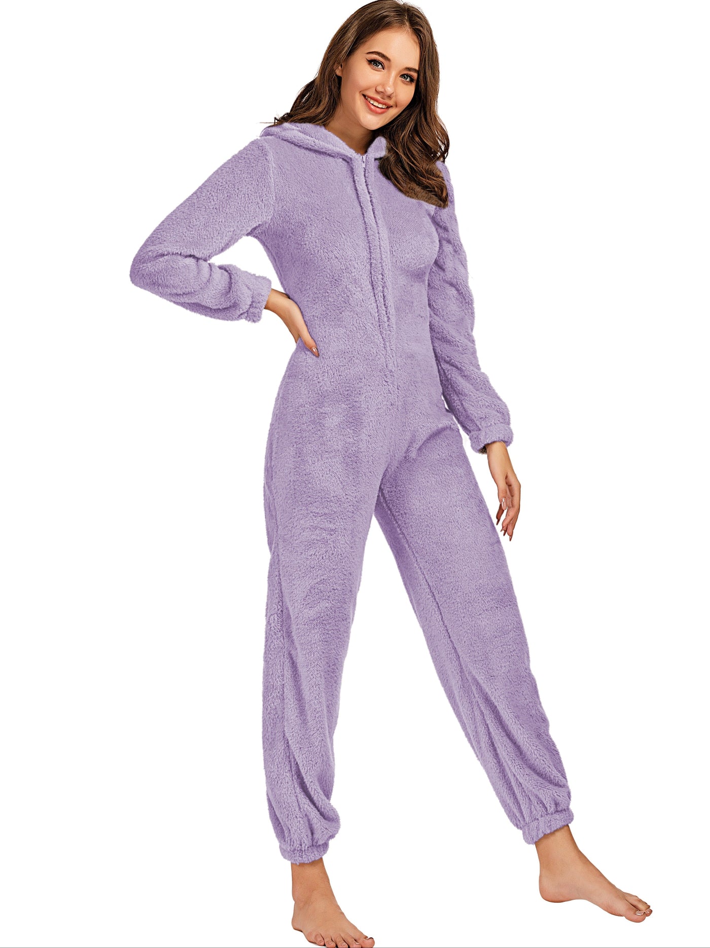 Reißverschluss Teddy-Jumpsuit mit Kapuze