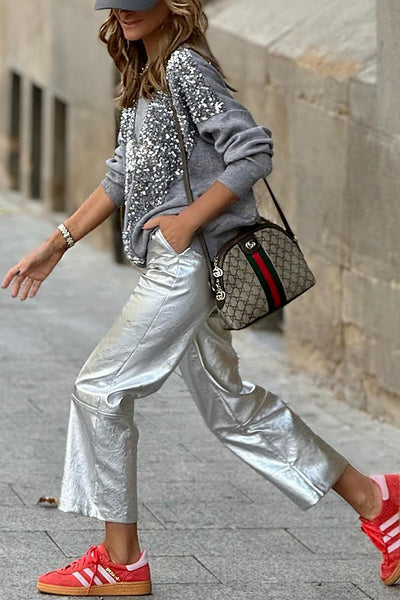 Lena® | V-förmiges, mit Pailletten verziertes Pullover-Sweatshirt-Oberteil