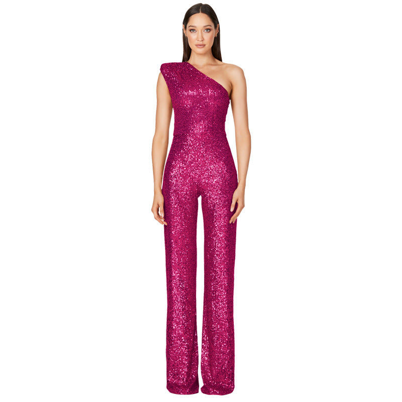 Diana – Ärmelloser Ein-Schulter-Pailletten-Jumpsuit