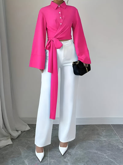Raynie | Elegantes Einfarbiges Cross-Tie Knot Shirt mit Schleifendetail