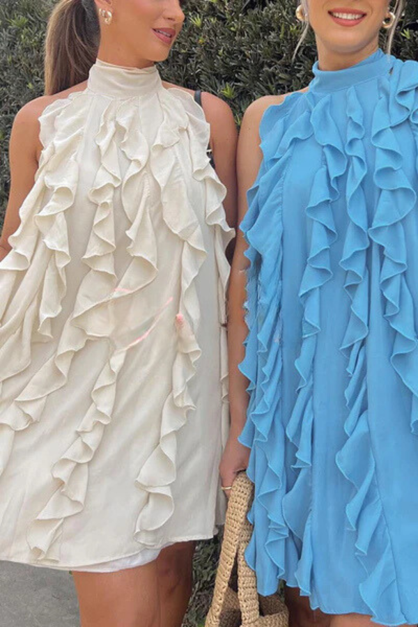 Maite® | Chiffon-Minikleid in A-Linie mit Stehkragen, Rüschen und Plissee