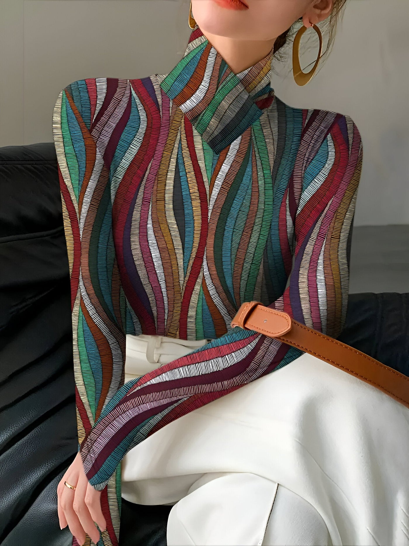 Iosefina | Schickes Farbiger Streifen Rollkragen-T-Shirt