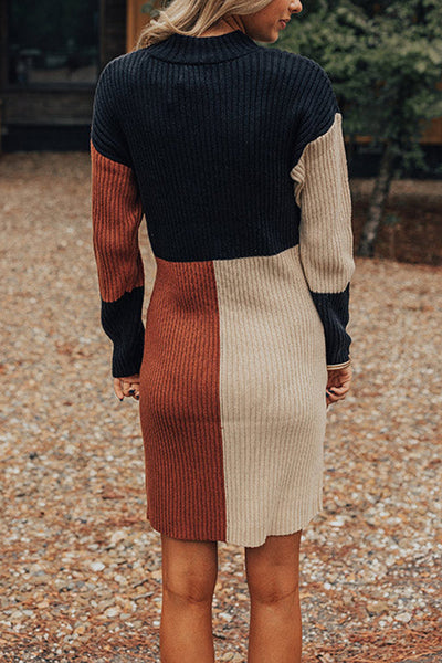 Marcella® | Winter-Latte-Strick-Pullover-Minikleid mit Stehkragen und Farbblockmuster