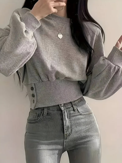 Letia - lässiger luxus elegantes t-shirt in uni mit knopfdetail