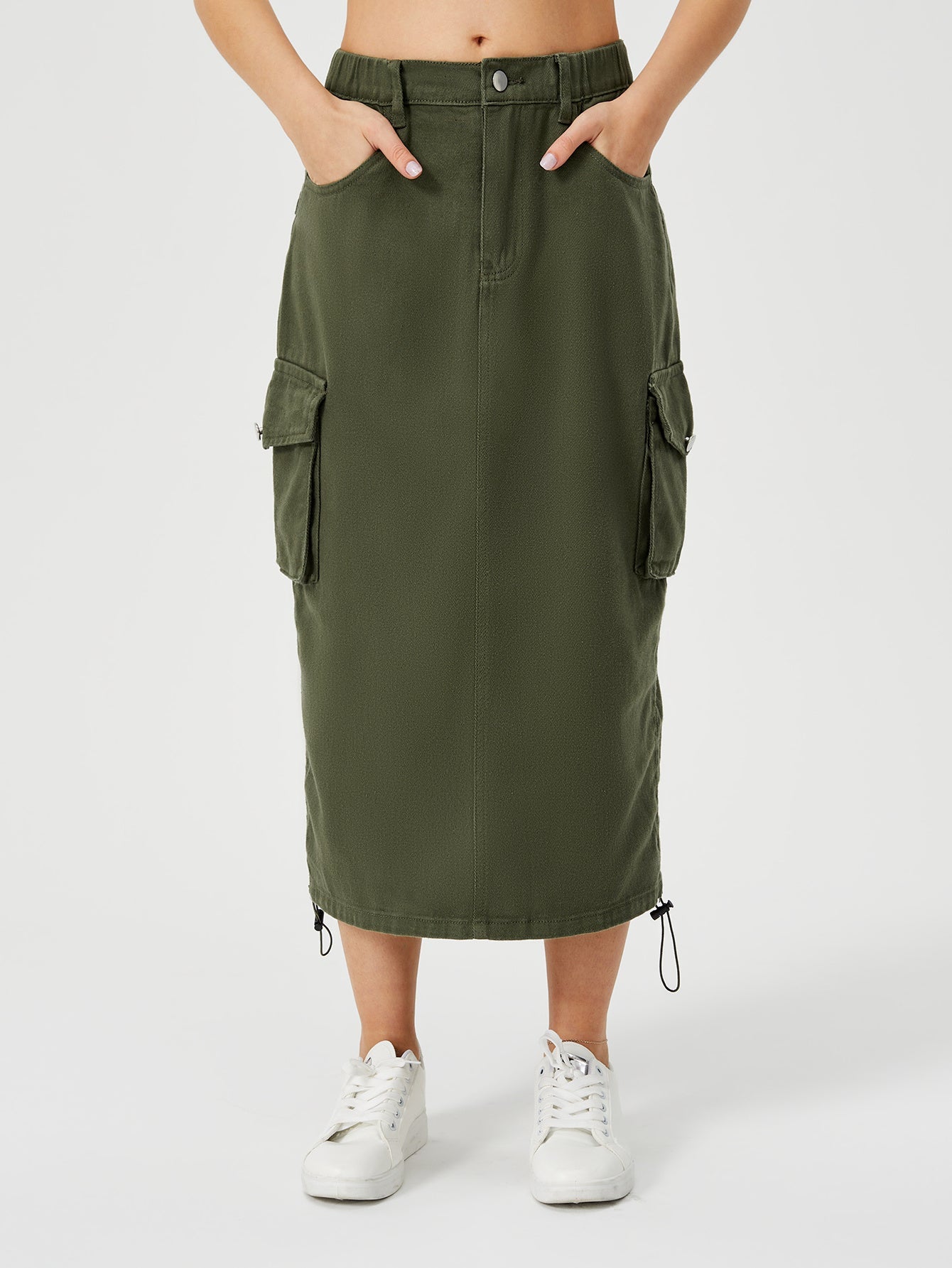 Amelia – Langer Cargo-Rock für Damen mit hohem Bund und Frontschlitz