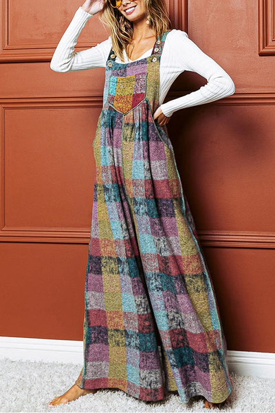 Louisa® | Gebürsteter, karierter Overall mit plissiertem Bein und weitem Bein