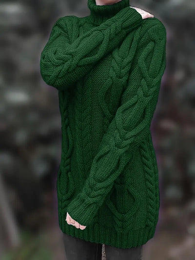 Narda - Klobig Kabel Gestrickt Rollkragen Kleid