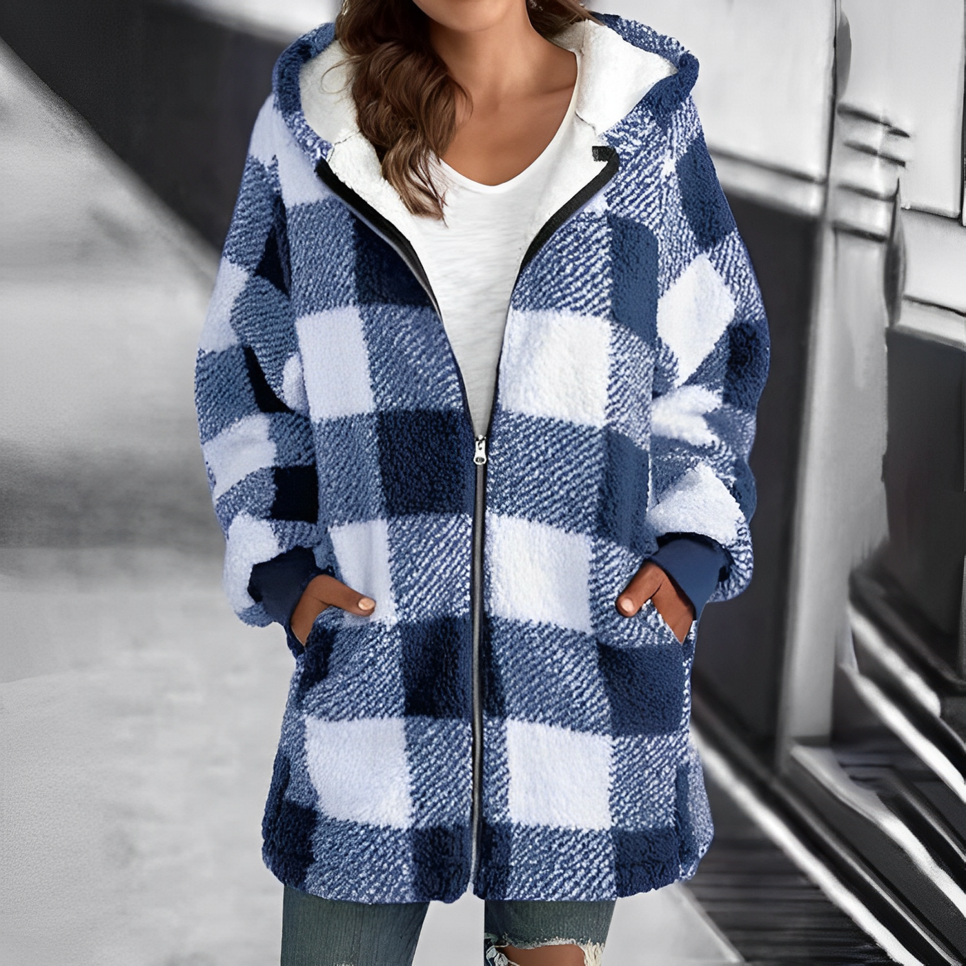 Gemütliche karierte Kapuzenjacke mit Reißverschluss für Frauen