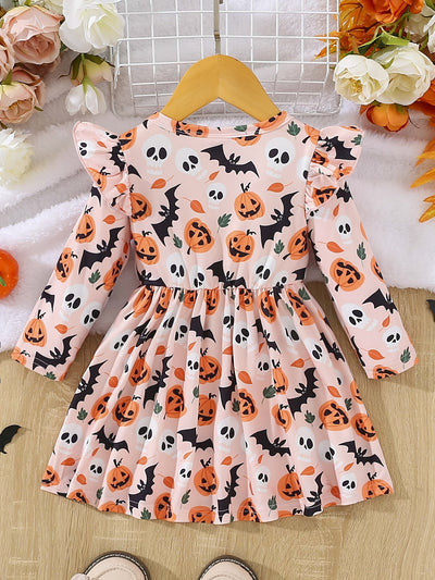 Halloween Baby Mädchen Kleid mit Faltendetails und Kürbis-Print