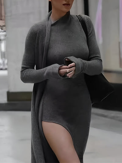 Cara | Elegantes Dunkelgraues Bodycon-Kleid mit Asymmetrischem Saum