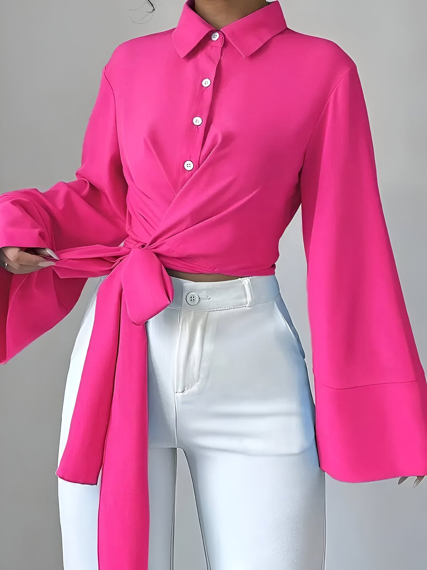 Raynie | Elegantes Einfarbiges Cross-Tie Knot Shirt mit Schleifendetail