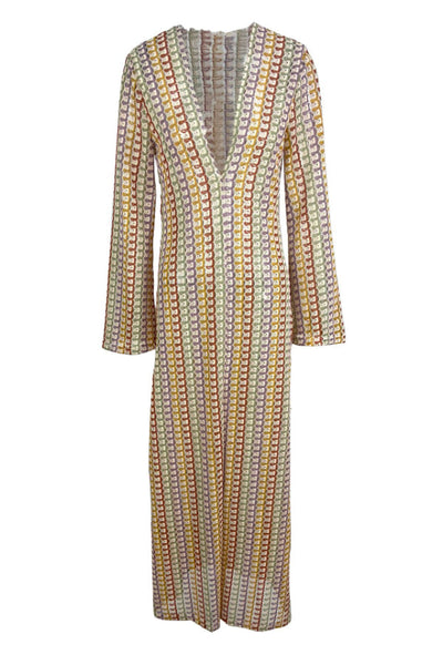 Griselda® | Langes, hohles Strandkleid mit V-Ausschnitt und tiefem Ausschnitt vorne und Schlitz aus Spitze