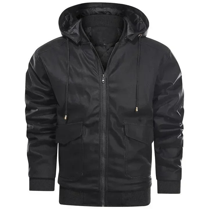 Robuste Herren Lederjacke mit Kapuze und praktischen Taschen