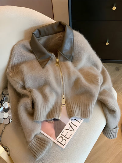 Elvira | Trendiger Strickpullover mit geteilter Lederkragen