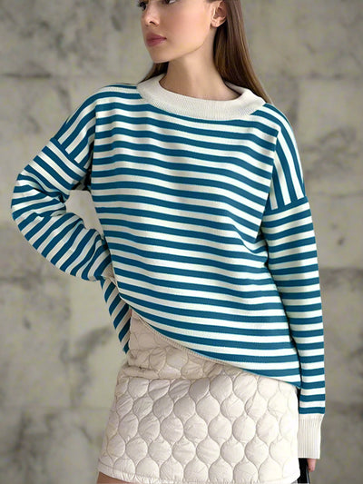 Damen Strickpullover Gestreift Oversize | Warmer Winterpullover mit Rundhals- und V-Ausschnitt