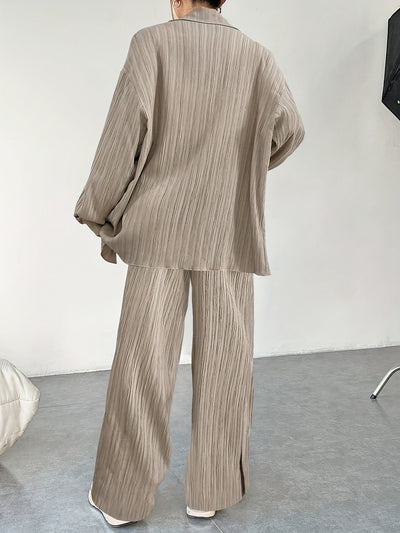 Elegantes Damen-Outfit Set: Langarm-Bluse mit Knopfleiste und elastische Taillenhose für Herbst/Winter