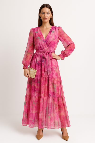 Connie  - Langes mit V-Ausschnitt Chiffon Kleid