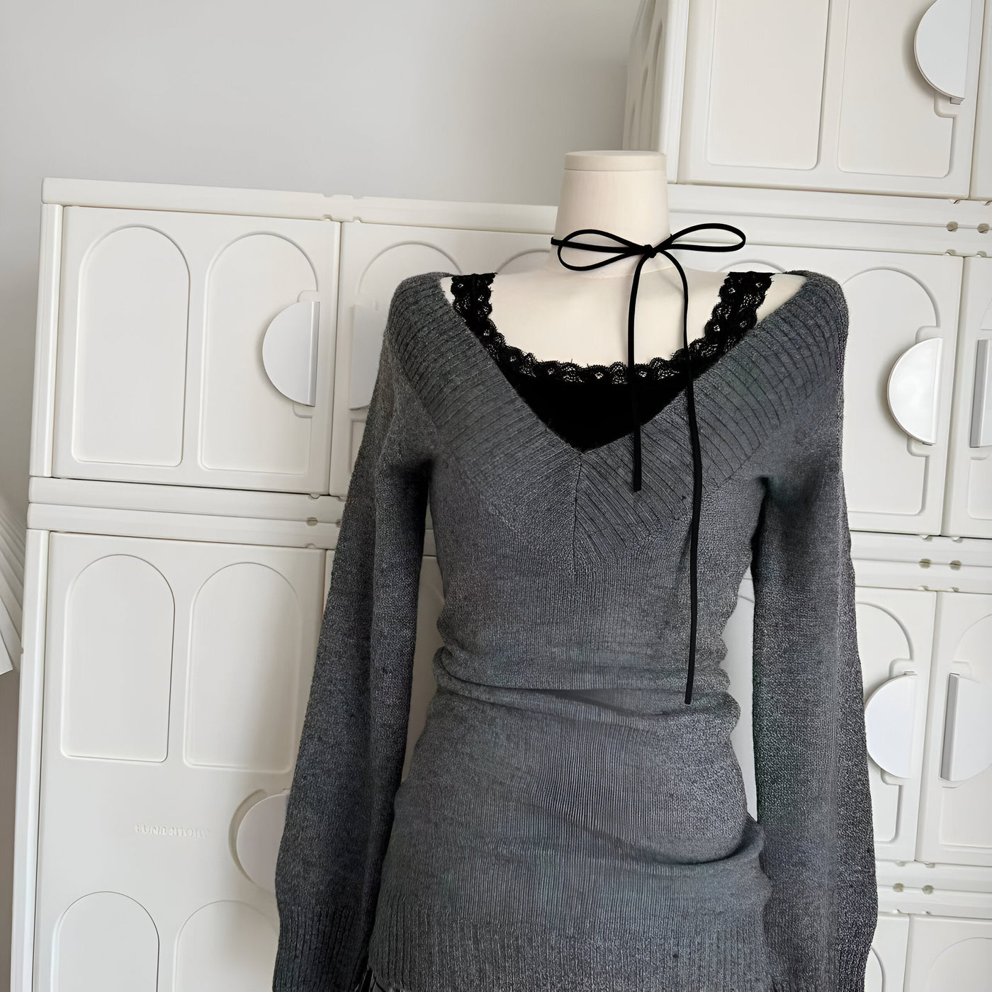 Klementine | Frau Gyaru Coquette V-Ausschnitt Französisch Vintage Pullover Langarm