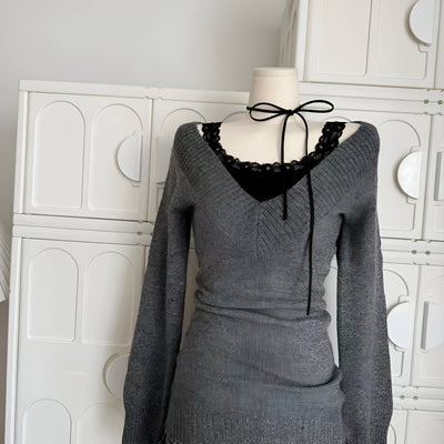 Klementine | Frau Gyaru Coquette V-Ausschnitt Französisch Vintage Pullover Langarm