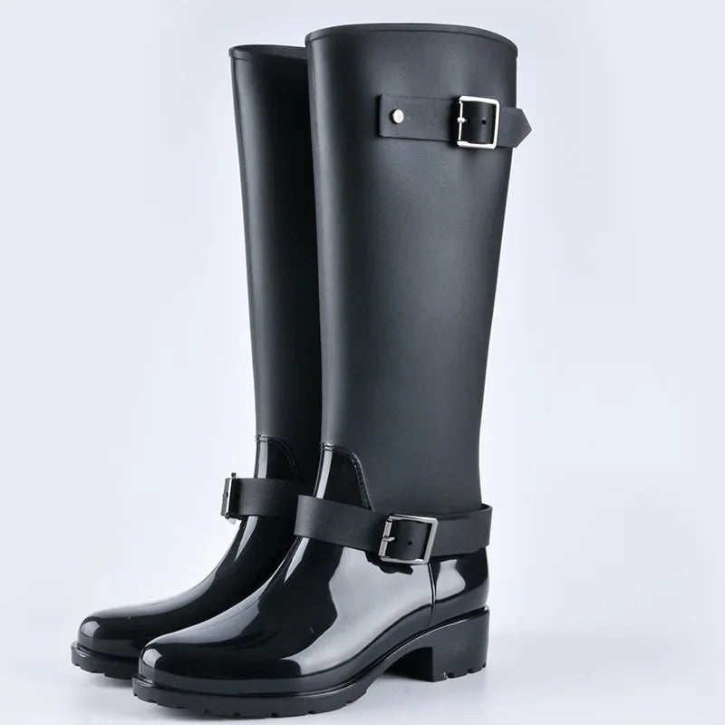 Damen Regenstiefel Hoch Gummi Mit Blockabsatz und Rutschfester Sohle