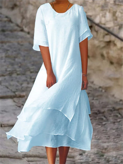 Damen Sommerkleid mit Doppellagen - Kurze Ärmel und Rundhalsausschnitt