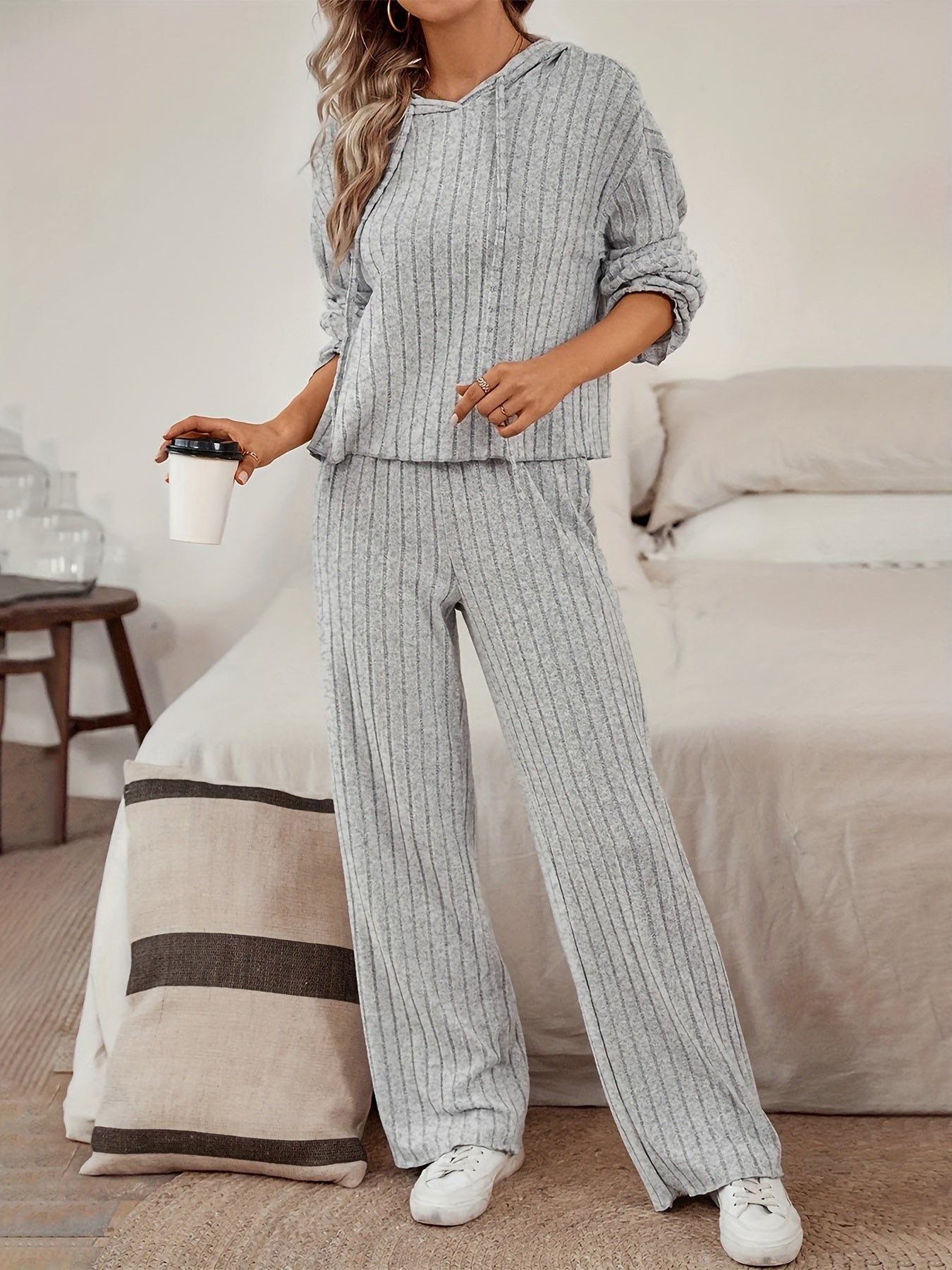 Damen Komfort Zweiteiler aus Strick - Sportlicher Hoodie mit Jogginghose - Relaxed Fit