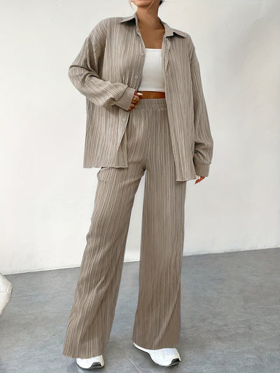 Elegantes Damen-Outfit Set: Langarm-Bluse mit Knopfleiste und elastische Taillenhose für Herbst/Winter