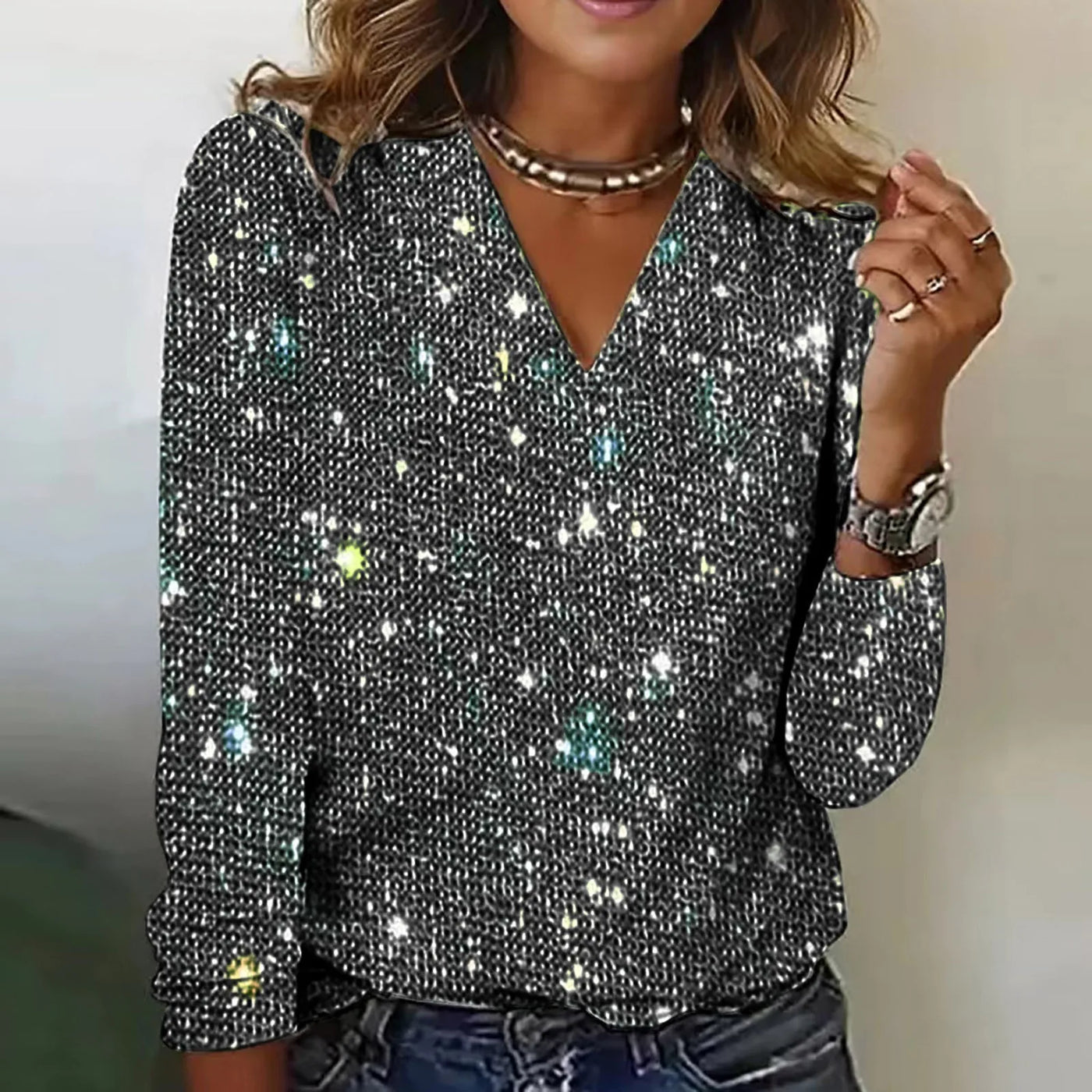Damen Pailletten Glitzer Party Bluse Festlich