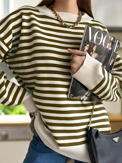 Damen Strickpullover Gestreift Oversize | Warmer Winterpullover mit Rundhals- und V-Ausschnitt